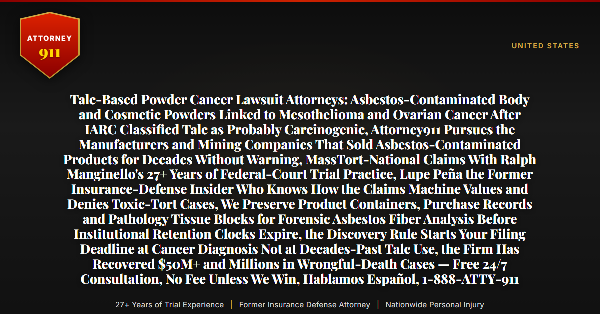 Talc-Based Powder Cancer Lawsuit Attorneys: Asbestos-Contaminated Body and Cosmetic Powders Linked to Mesothelioma and Ovarian Cancer After IARC Classified Talc as Probably Carcinogenic, Attorney911 Pursues the Manufacturers and Mining Companies That Sold Asbestos-Contaminated Products for Decades Without Warning, MassTort-National Claims With Ralph Manginello's 27+ Years of Federal-Court Trial Practice, Lupe Peña the Former Insurance-Defense Insider Who Knows How the Claims Machine Values and Denies Toxic-Tort Cases, We Preserve Product Containers, Purchase Records and Pathology Tissue Blocks for Forensic Asbestos Fiber Analysis Before Institutional Retention Clocks Expire, the Discovery Rule Starts Your Filing Deadline at Cancer Diagnosis Not at Decades-Past Talc Use, the Firm Has Recovered $50M+ and Millions in Wrongful-Death Cases — Free 24/7 Consultation, No Fee Unless We Win, Hablamos Español, 1-888-ATTY-911 - Attorney911