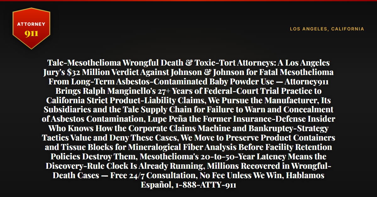 Talc-Mesothelioma Wrongful Death & Toxic-Tort Attorneys: A Los Angeles Jury's $32 Million Verdict Against Johnson & Johnson for Fatal Mesothelioma From Long-Term Asbestos-Contaminated Baby Powder Use — Attorney911 Brings Ralph Manginello's 27+ Years of Federal-Court Trial Practice to California Strict Product-Liability Claims, We Pursue the Manufacturer, Its Subsidiaries and the Talc Supply Chain for Failure to Warn and Concealment of Asbestos Contamination, Lupe Peña the Former Insurance-Defense Insider Who Knows How the Corporate Claims Machine and Bankruptcy-Strategy Tactics Value and Deny These Cases, We Move to Preserve Product Containers and Tissue Blocks for Mineralogical Fiber Analysis Before Facility Retention Policies Destroy Them, Mesothelioma's 20-to-50-Year Latency Means the Discovery-Rule Clock Is Already Running, Millions Recovered in Wrongful-Death Cases — Free 24/7 Consultation, No Fee Unless We Win, Hablamos Español, 1-888-ATTY-911 - Attorney911