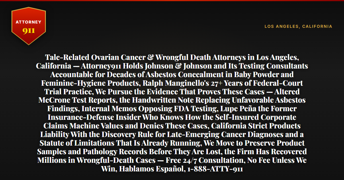 Talc-Related Ovarian Cancer & Wrongful Death Attorneys in Los Angeles, California — Attorney911 Holds Johnson & Johnson and Its Testing Consultants Accountable for Decades of Asbestos Concealment in Baby Powder and Feminine-Hygiene Products, Ralph Manginello's 27+ Years of Federal-Court Trial Practice, We Pursue the Evidence That Proves These Cases — Altered McCrone Test Reports, the Handwritten Note Replacing Unfavorable Asbestos Findings, Internal Memos Opposing FDA Testing, Lupe Peña the Former Insurance-Defense Insider Who Knows How the Self-Insured Corporate Claims Machine Values and Denies These Cases, California Strict Products Liability With the Discovery Rule for Late-Emerging Cancer Diagnoses and a Statute of Limitations That Is Already Running, We Move to Preserve Product Samples and Pathology Records Before They Are Lost, the Firm Has Recovered Millions in Wrongful-Death Cases — Free 24/7 Consultation, No Fee Unless We Win, Hablamos Español, 1-888-ATTY-911 - Attorney911
