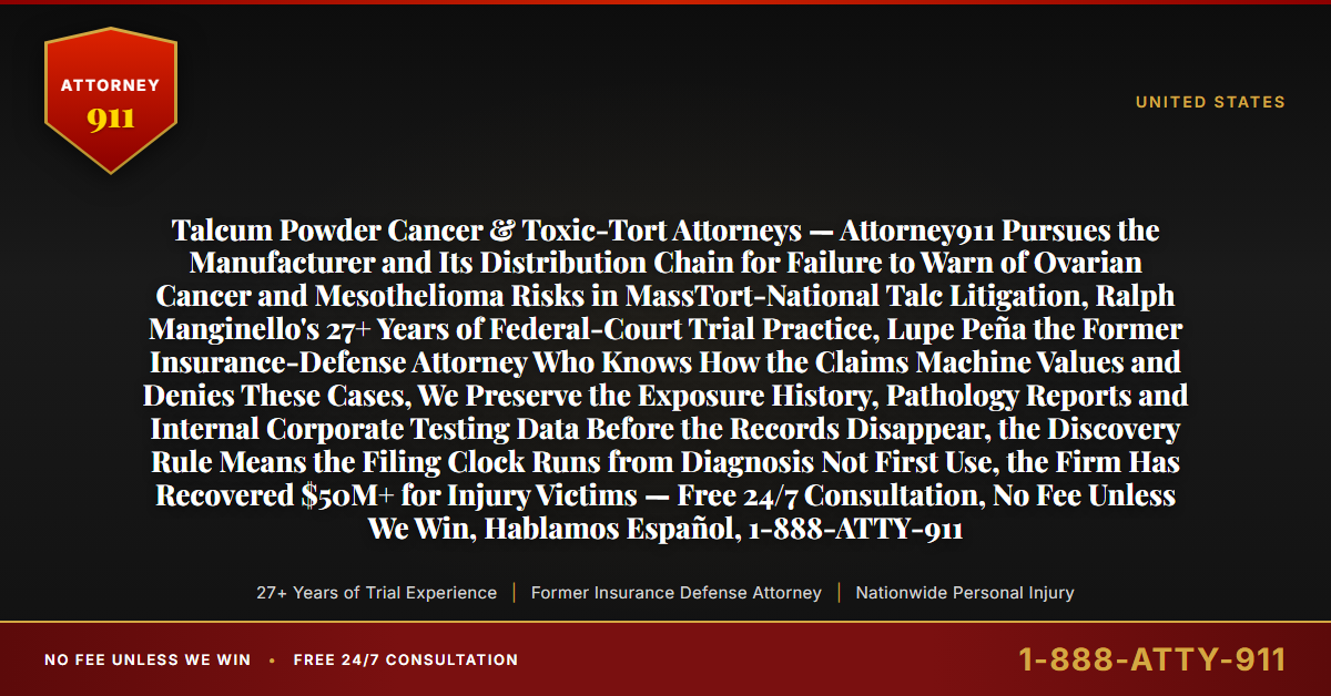 Talcum Powder Cancer & Toxic-Tort Attorneys — Attorney911 Pursues the Manufacturer and Its Distribution Chain for Failure to Warn of Ovarian Cancer and Mesothelioma Risks in MassTort-National Talc Litigation, Ralph Manginello's 27+ Years of Federal-Court Trial Practice, Lupe Peña the Former Insurance-Defense Attorney Who Knows How the Claims Machine Values and Denies These Cases, We Preserve the Exposure History, Pathology Reports and Internal Corporate Testing Data Before the Records Disappear, the Discovery Rule Means the Filing Clock Runs from Diagnosis Not First Use, the Firm Has Recovered $50M+ for Injury Victims — Free 24/7 Consultation, No Fee Unless We Win, Hablamos Español, 1-888-ATTY-911 - Attorney911