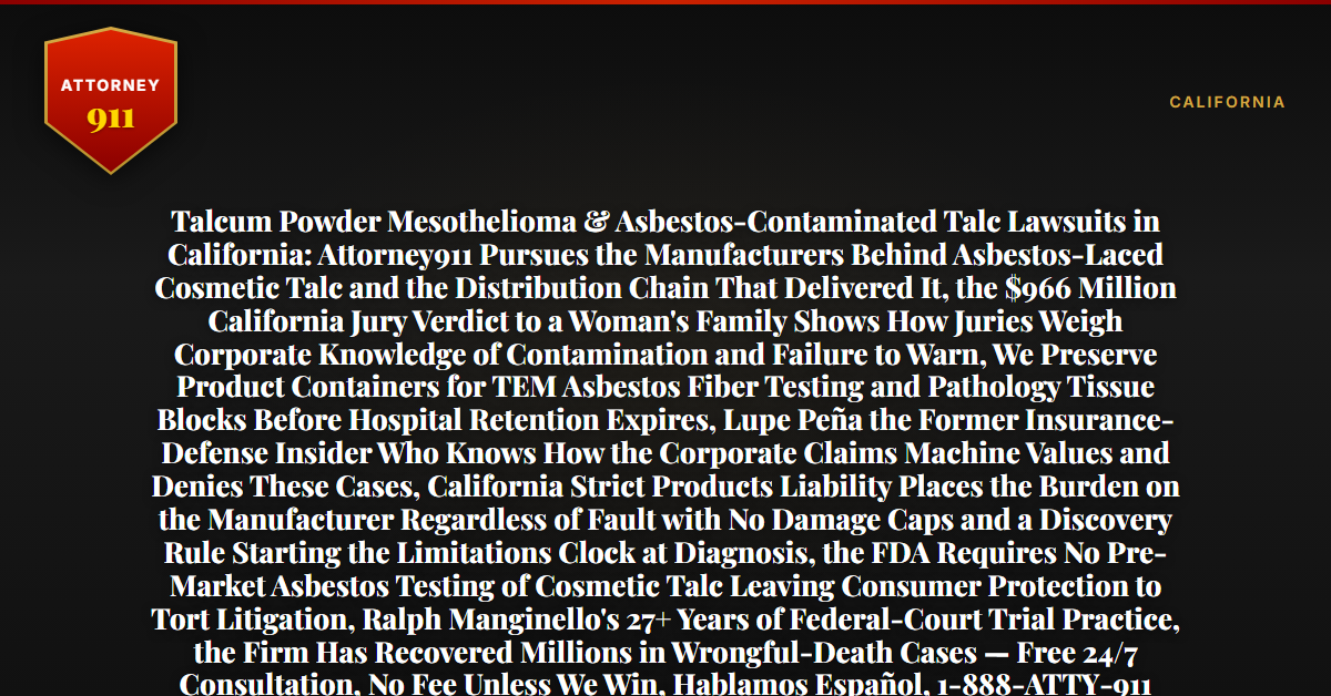 Talcum Powder Mesothelioma & Asbestos-Contaminated Talc Lawsuits in California: Attorney911 Pursues the Manufacturers Behind Asbestos-Laced Cosmetic Talc and the Distribution Chain That Delivered It, the $966 Million California Jury Verdict to a Woman's Family Shows How Juries Weigh Corporate Knowledge of Contamination and Failure to Warn, We Preserve Product Containers for TEM Asbestos Fiber Testing and Pathology Tissue Blocks Before Hospital Retention Expires, Lupe Peña the Former Insurance-Defense Insider Who Knows How the Corporate Claims Machine Values and Denies These Cases, California Strict Products Liability Places the Burden on the Manufacturer Regardless of Fault with No Damage Caps and a Discovery Rule Starting the Limitations Clock at Diagnosis, the FDA Requires No Pre-Market Asbestos Testing of Cosmetic Talc Leaving Consumer Protection to Tort Litigation, Ralph Manginello's 27+ Years of Federal-Court Trial Practice, the Firm Has Recovered Millions in Wrongful-Death Cases — Free 24/7 Consultation, No Fee Unless We Win, Hablamos Español, 1-888-ATTY-911 - Attorney911