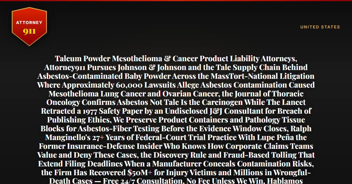 Talcum Powder Mesothelioma & Cancer Product Liability Attorneys, Attorney911 Pursues Johnson & Johnson and the Talc Supply Chain Behind Asbestos-Contaminated Baby Powder Across the MassTort-National Litigation Where Approximately 60,000 Lawsuits Allege Asbestos Contamination Caused Mesothelioma Lung Cancer and Ovarian Cancer, the Journal of Thoracic Oncology Confirms Asbestos Not Talc Is the Carcinogen While The Lancet Retracted a 1977 Safety Paper by an Undisclosed J&J Consultant for Breach of Publishing Ethics, We Preserve Product Containers and Pathology Tissue Blocks for Asbestos-Fiber Testing Before the Evidence Window Closes, Ralph Manginello's 27+ Years of Federal-Court Trial Practice With Lupe Peña the Former Insurance-Defense Insider Who Knows How Corporate Claims Teams Value and Deny These Cases, the Discovery Rule and Fraud-Based Tolling That Extend Filing Deadlines When a Manufacturer Conceals Contamination Risks, the Firm Has Recovered $50M+ for Injury Victims and Millions in Wrongful-Death Cases — Free 24/7 Consultation, No Fee Unless We Win, Hablamos Español, 1-888-ATTY-911 - Attorney911