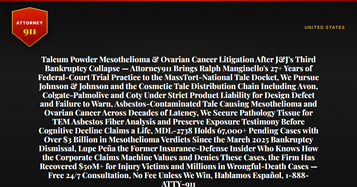 Talcum Powder Mesothelioma & Ovarian Cancer Litigation After J&J's Third Bankruptcy Collapse — Attorney911 Brings Ralph Manginello's 27+ Years of Federal-Court Trial Practice to the MassTort-National Talc Docket, We Pursue Johnson & Johnson and the Cosmetic Talc Distribution Chain Including Avon, Colgate-Palmolive and Coty Under Strict Product Liability for Design Defect and Failure to Warn, Asbestos-Contaminated Talc Causing Mesothelioma and Ovarian Cancer Across Decades of Latency, We Secure Pathology Tissue for TEM Asbestos Fiber Analysis and Preserve Exposure Testimony Before Cognitive Decline Claims a Life, MDL-2738 Holds 67,000+ Pending Cases with Over $3 Billion in Mesothelioma Verdicts Since the March 2025 Bankruptcy Dismissal, Lupe Peña the Former Insurance-Defense Insider Who Knows How the Corporate Claims Machine Values and Denies These Cases, the Firm Has Recovered $50M+ for Injury Victims and Millions in Wrongful-Death Cases — Free 24/7 Consultation, No Fee Unless We Win, Hablamos Español, 1-888-ATTY-911 - Attorney911