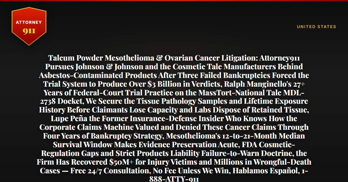 Talcum Powder Mesothelioma & Ovarian Cancer Litigation: Attorney911 Pursues Johnson & Johnson and the Cosmetic Talc Manufacturers Behind Asbestos-Contaminated Products After Three Failed Bankruptcies Forced the Trial System to Produce Over $3 Billion in Verdicts, Ralph Manginello's 27+ Years of Federal-Court Trial Practice on the MassTort-National Talc MDL-2738 Docket, We Secure the Tissue Pathology Samples and Lifetime Exposure History Before Claimants Lose Capacity and Labs Dispose of Retained Tissue, Lupe Peña the Former Insurance-Defense Insider Who Knows How the Corporate Claims Machine Valued and Denied These Cancer Claims Through Four Years of Bankruptcy Strategy, Mesothelioma's 12-to-21-Month Median Survival Window Makes Evidence Preservation Acute, FDA Cosmetic-Regulation Gaps and Strict Products Liability Failure-to-Warn Doctrine, the Firm Has Recovered $50M+ for Injury Victims and Millions in Wrongful-Death Cases — Free 24/7 Consultation, No Fee Unless We Win, Hablamos Español, 1-888-ATTY-911 - Attorney911