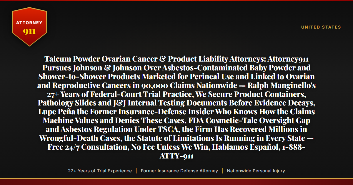 Talcum Powder Ovarian Cancer & Product Liability Attorneys: Attorney911 Pursues Johnson & Johnson Over Asbestos-Contaminated Baby Powder and Shower-to-Shower Products Marketed for Perineal Use and Linked to Ovarian and Reproductive Cancers in 90,000 Claims Nationwide — Ralph Manginello's 27+ Years of Federal-Court Trial Practice, We Secure Product Containers, Pathology Slides and J&J Internal Testing Documents Before Evidence Decays, Lupe Peña the Former Insurance-Defense Insider Who Knows How the Claims Machine Values and Denies These Cases, FDA Cosmetic-Talc Oversight Gap and Asbestos Regulation Under TSCA, the Firm Has Recovered Millions in Wrongful-Death Cases, the Statute of Limitations Is Running in Every State — Free 24/7 Consultation, No Fee Unless We Win, Hablamos Español, 1-888-ATTY-911 - Attorney911