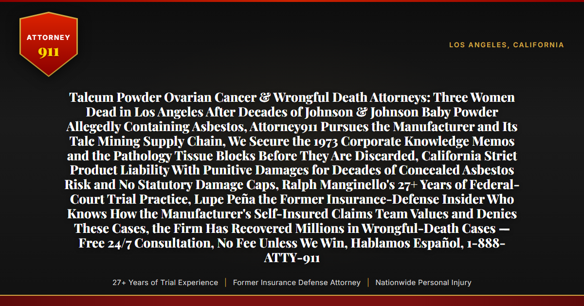 Talcum Powder Ovarian Cancer & Wrongful Death Attorneys: Three Women Dead in Los Angeles After Decades of Johnson & Johnson Baby Powder Allegedly Containing Asbestos, Attorney911 Pursues the Manufacturer and Its Talc Mining Supply Chain, We Secure the 1973 Corporate Knowledge Memos and the Pathology Tissue Blocks Before They Are Discarded, California Strict Product Liability With Punitive Damages for Decades of Concealed Asbestos Risk and No Statutory Damage Caps, Ralph Manginello's 27+ Years of Federal-Court Trial Practice, Lupe Peña the Former Insurance-Defense Insider Who Knows How the Manufacturer's Self-Insured Claims Team Values and Denies These Cases, the Firm Has Recovered Millions in Wrongful-Death Cases — Free 24/7 Consultation, No Fee Unless We Win, Hablamos Español, 1-888-ATTY-911 - Attorney911