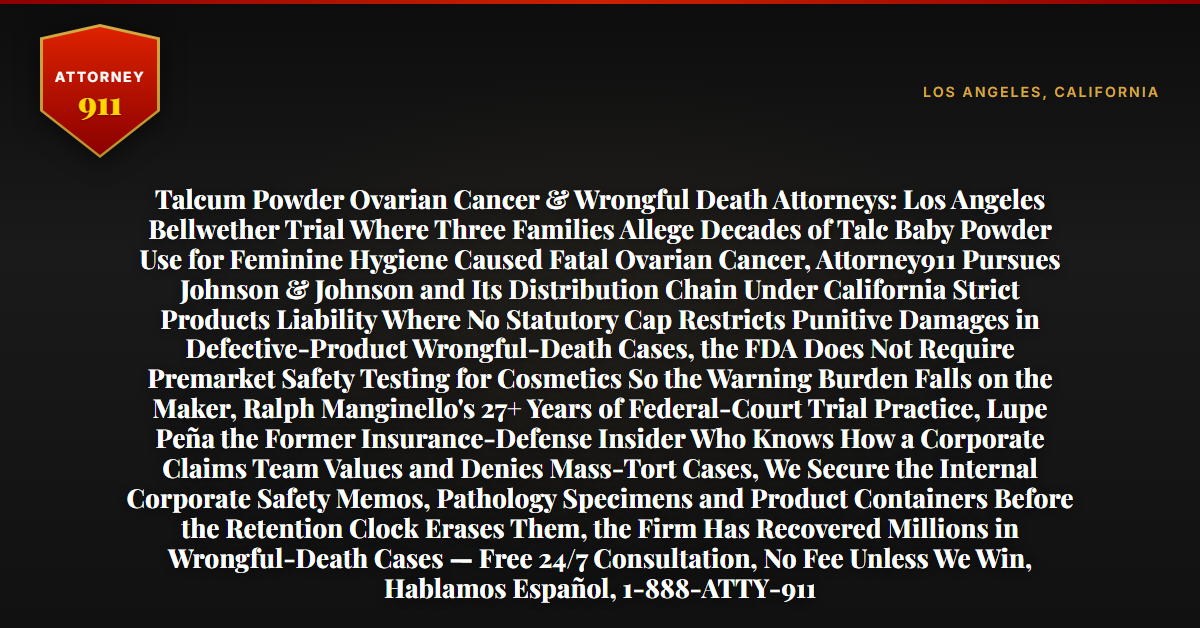 Talcum Powder Ovarian Cancer & Wrongful Death Attorneys: Los Angeles Bellwether Trial Where Three Families Allege Decades of Talc Baby Powder Use for Feminine Hygiene Caused Fatal Ovarian Cancer, Attorney911 Pursues Johnson & Johnson and Its Distribution Chain Under California Strict Products Liability Where No Statutory Cap Restricts Punitive Damages in Defective-Product Wrongful-Death Cases, the FDA Does Not Require Premarket Safety Testing for Cosmetics So the Warning Burden Falls on the Maker, Ralph Manginello's 27+ Years of Federal-Court Trial Practice, Lupe Peña the Former Insurance-Defense Insider Who Knows How a Corporate Claims Team Values and Denies Mass-Tort Cases, We Secure the Internal Corporate Safety Memos, Pathology Specimens and Product Containers Before the Retention Clock Erases Them, the Firm Has Recovered Millions in Wrongful-Death Cases — Free 24/7 Consultation, No Fee Unless We Win, Hablamos Español, 1-888-ATTY-911 - Attorney911