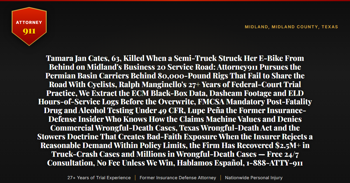 Tamara Jan Cates, 63, Killed When a Semi-Truck Struck Her E-Bike From Behind on Midland's Business 20 Service Road: Attorney911 Pursues the Permian Basin Carriers Behind 80,000-Pound Rigs That Fail to Share the Road With Cyclists, Ralph Manginello's 27+ Years of Federal-Court Trial Practice, We Extract the ECM Black-Box Data, Dashcam Footage and ELD Hours-of-Service Logs Before the Overwrite, FMCSA Mandatory Post-Fatality Drug and Alcohol Testing Under 49 CFR, Lupe Peña the Former Insurance-Defense Insider Who Knows How the Claims Machine Values and Denies Commercial Wrongful-Death Cases, Texas Wrongful-Death Act and the Stowers Doctrine That Creates Bad-Faith Exposure When the Insurer Rejects a Reasonable Demand Within Policy Limits, the Firm Has Recovered $2.5M+ in Truck-Crash Cases and Millions in Wrongful-Death Cases — Free 24/7 Consultation, No Fee Unless We Win, Hablamos Español, 1-888-ATTY-911 - Attorney911