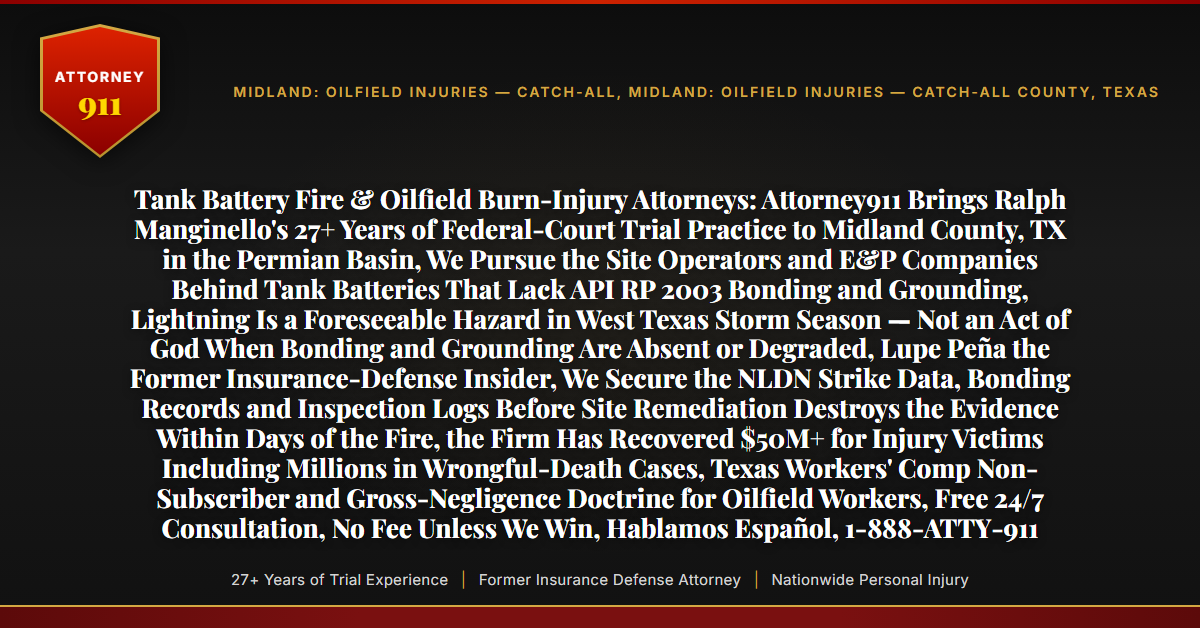 Tank Battery Fire & Oilfield Burn-Injury Attorneys: Attorney911 Brings Ralph Manginello's 27+ Years of Federal-Court Trial Practice to Midland County, TX in the Permian Basin, We Pursue the Site Operators and E&P Companies Behind Tank Batteries That Lack API RP 2003 Bonding and Grounding, Lightning Is a Foreseeable Hazard in West Texas Storm Season — Not an Act of God When Bonding and Grounding Are Absent or Degraded, Lupe Peña the Former Insurance-Defense Insider, We Secure the NLDN Strike Data, Bonding Records and Inspection Logs Before Site Remediation Destroys the Evidence Within Days of the Fire, the Firm Has Recovered $50M+ for Injury Victims Including Millions in Wrongful-Death Cases, Texas Workers' Comp Non-Subscriber and Gross-Negligence Doctrine for Oilfield Workers, Free 24/7 Consultation, No Fee Unless We Win, Hablamos Español, 1-888-ATTY-911 - Attorney911