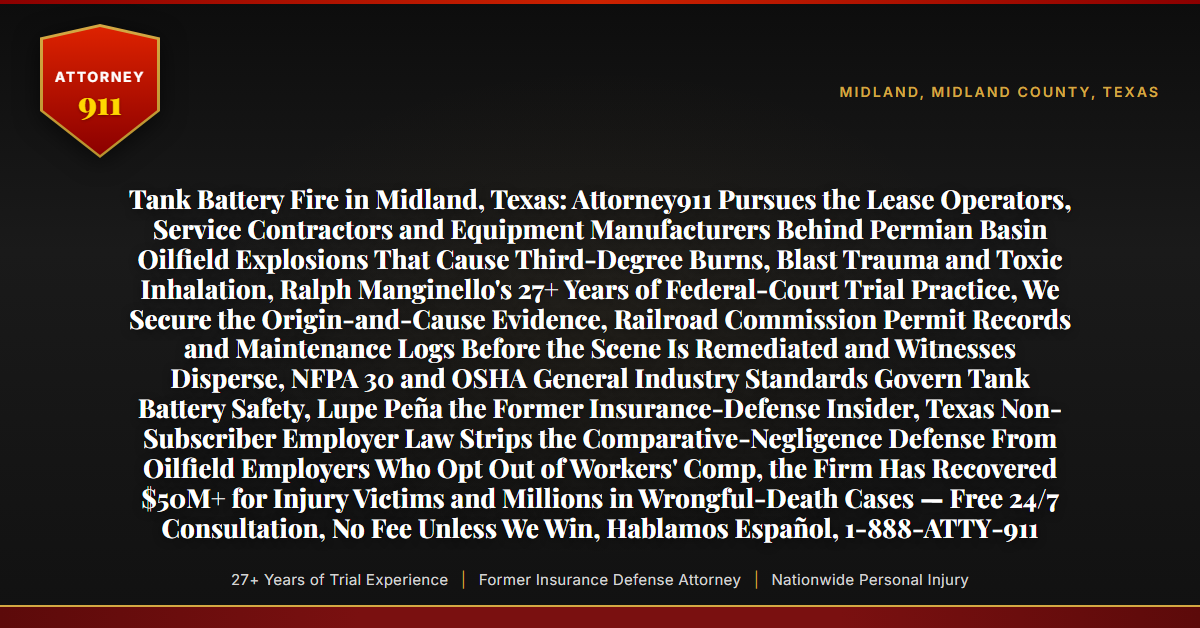 Tank Battery Fire in Midland, Texas: Attorney911 Pursues the Lease Operators, Service Contractors and Equipment Manufacturers Behind Permian Basin Oilfield Explosions That Cause Third-Degree Burns, Blast Trauma and Toxic Inhalation, Ralph Manginello's 27+ Years of Federal-Court Trial Practice, We Secure the Origin-and-Cause Evidence, Railroad Commission Permit Records and Maintenance Logs Before the Scene Is Remediated and Witnesses Disperse, NFPA 30 and OSHA General Industry Standards Govern Tank Battery Safety, Lupe Peña the Former Insurance-Defense Insider, Texas Non-Subscriber Employer Law Strips the Comparative-Negligence Defense From Oilfield Employers Who Opt Out of Workers' Comp, the Firm Has Recovered $50M+ for Injury Victims and Millions in Wrongful-Death Cases — Free 24/7 Consultation, No Fee Unless We Win, Hablamos Español, 1-888-ATTY-911 - Attorney911