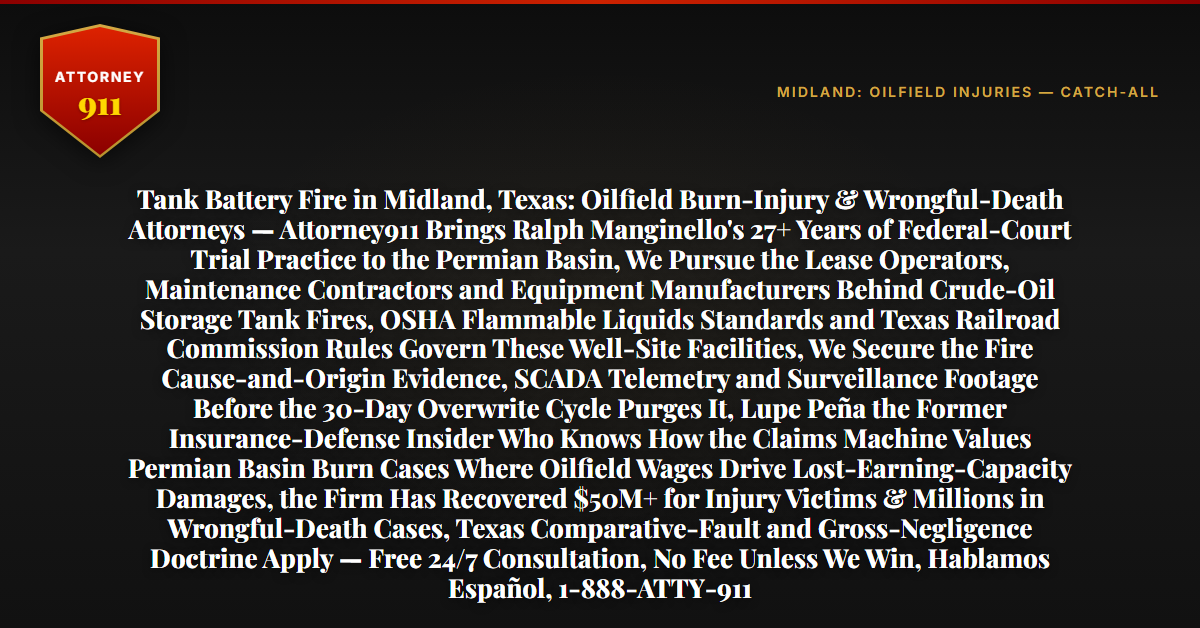 Tank Battery Fire in Midland, Texas: Oilfield Burn-Injury & Wrongful-Death Attorneys — Attorney911 Brings Ralph Manginello's 27+ Years of Federal-Court Trial Practice to the Permian Basin, We Pursue the Lease Operators, Maintenance Contractors and Equipment Manufacturers Behind Crude-Oil Storage Tank Fires, OSHA Flammable Liquids Standards and Texas Railroad Commission Rules Govern These Well-Site Facilities, We Secure the Fire Cause-and-Origin Evidence, SCADA Telemetry and Surveillance Footage Before the 30-Day Overwrite Cycle Purges It, Lupe Peña the Former Insurance-Defense Insider Who Knows How the Claims Machine Values Permian Basin Burn Cases Where Oilfield Wages Drive Lost-Earning-Capacity Damages, the Firm Has Recovered $50M+ for Injury Victims & Millions in Wrongful-Death Cases, Texas Comparative-Fault and Gross-Negligence Doctrine Apply — Free 24/7 Consultation, No Fee Unless We Win, Hablamos Español, 1-888-ATTY-911 - Attorney911
