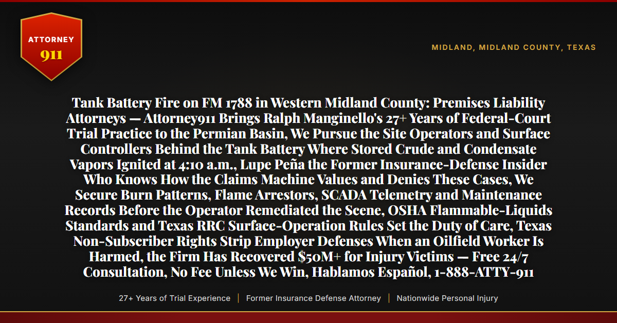 Tank Battery Fire on FM 1788 in Western Midland County: Premises Liability Attorneys — Attorney911 Brings Ralph Manginello's 27+ Years of Federal-Court Trial Practice to the Permian Basin, We Pursue the Site Operators and Surface Controllers Behind the Tank Battery Where Stored Crude and Condensate Vapors Ignited at 4:10 a.m., Lupe Peña the Former Insurance-Defense Insider Who Knows How the Claims Machine Values and Denies These Cases, We Secure Burn Patterns, Flame Arrestors, SCADA Telemetry and Maintenance Records Before the Operator Remediated the Scene, OSHA Flammable-Liquids Standards and Texas RRC Surface-Operation Rules Set the Duty of Care, Texas Non-Subscriber Rights Strip Employer Defenses When an Oilfield Worker Is Harmed, the Firm Has Recovered $50M+ for Injury Victims — Free 24/7 Consultation, No Fee Unless We Win, Hablamos Español, 1-888-ATTY-911 - Attorney911