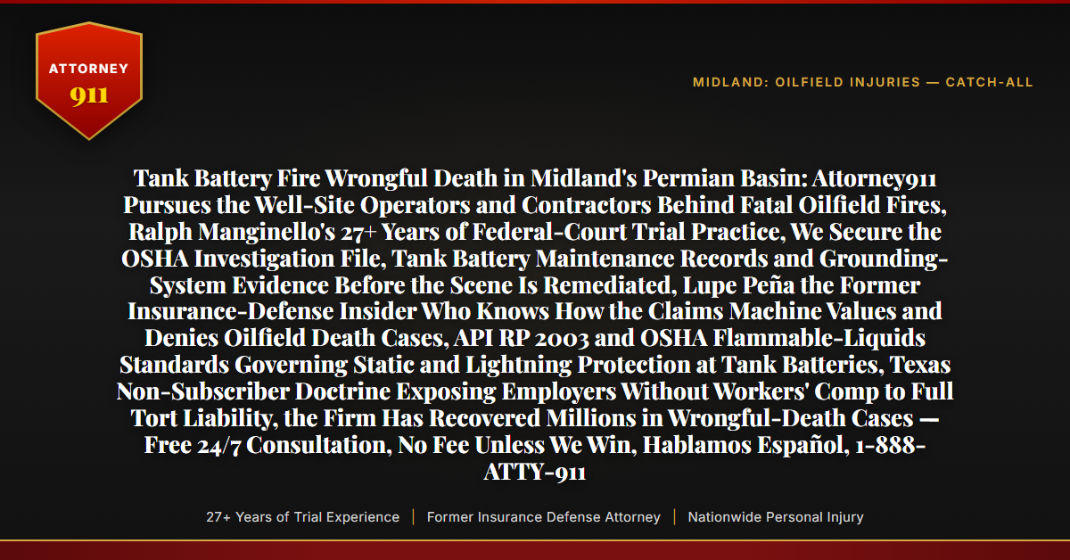 Tank Battery Fire Wrongful Death in Midland's Permian Basin: Attorney911 Pursues the Well-Site Operators and Contractors Behind Fatal Oilfield Fires, Ralph Manginello's 27+ Years of Federal-Court Trial Practice, We Secure the OSHA Investigation File, Tank Battery Maintenance Records and Grounding-System Evidence Before the Scene Is Remediated, Lupe Peña the Former Insurance-Defense Insider Who Knows How the Claims Machine Values and Denies Oilfield Death Cases, API RP 2003 and OSHA Flammable-Liquids Standards Governing Static and Lightning Protection at Tank Batteries, Texas Non-Subscriber Doctrine Exposing Employers Without Workers' Comp to Full Tort Liability, the Firm Has Recovered Millions in Wrongful-Death Cases — Free 24/7 Consultation, No Fee Unless We Win, Hablamos Español, 1-888-ATTY-911 - Attorney911