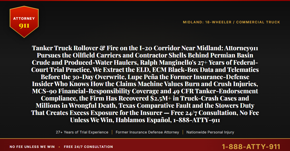 Tanker Truck Rollover & Fire on the I-20 Corridor Near Midland: Attorney911 Pursues the Oilfield Carriers and Contractor Shells Behind Permian Basin Crude and Produced-Water Haulers, Ralph Manginello's 27+ Years of Federal-Court Trial Practice, We Extract the ELD, ECM Black-Box Data and Telematics Before the 30-Day Overwrite, Lupe Peña the Former Insurance-Defense Insider Who Knows How the Claims Machine Values Burn and Crush Injuries, MCS-90 Financial-Responsibility Coverage and 49 CFR Tanker-Endorsement Compliance, the Firm Has Recovered $2.5M+ in Truck-Crash Cases and Millions in Wrongful Death, Texas Comparative Fault and the Stowers Duty That Creates Excess Exposure for the Insurer — Free 24/7 Consultation, No Fee Unless We Win, Hablamos Español, 1-888-ATTY-911 - Attorney911