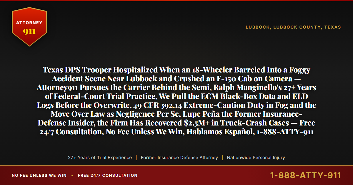 Texas DPS Trooper Hospitalized When an 18-Wheeler Barreled Into a Foggy Accident Scene Near Lubbock and Crushed an F-150 Cab on Camera — Attorney911 Pursues the Carrier Behind the Semi, Ralph Manginello's 27+ Years of Federal-Court Trial Practice, We Pull the ECM Black-Box Data and ELD Logs Before the Overwrite, 49 CFR 392.14 Extreme-Caution Duty in Fog and the Move Over Law as Negligence Per Se, Lupe Peña the Former Insurance-Defense Insider, the Firm Has Recovered $2.5M+ in Truck-Crash Cases — Free 24/7 Consultation, No Fee Unless We Win, Hablamos Español, 1-888-ATTY-911 - Attorney911