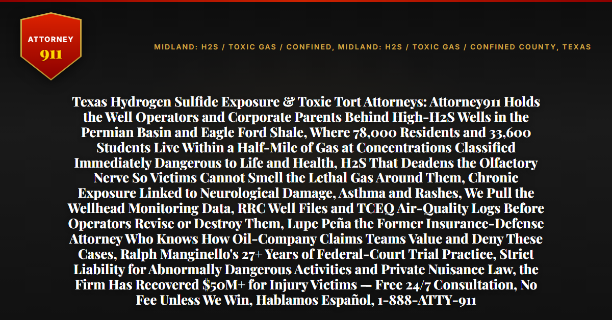 Texas Hydrogen Sulfide Exposure & Toxic Tort Attorneys: Attorney911 Holds the Well Operators and Corporate Parents Behind High-H2S Wells in the Permian Basin and Eagle Ford Shale, Where 78,000 Residents and 33,600 Students Live Within a Half-Mile of Gas at Concentrations Classified Immediately Dangerous to Life and Health, H2S That Deadens the Olfactory Nerve So Victims Cannot Smell the Lethal Gas Around Them, Chronic Exposure Linked to Neurological Damage, Asthma and Rashes, We Pull the Wellhead Monitoring Data, RRC Well Files and TCEQ Air-Quality Logs Before Operators Revise or Destroy Them, Lupe Peña the Former Insurance-Defense Attorney Who Knows How Oil-Company Claims Teams Value and Deny These Cases, Ralph Manginello's 27+ Years of Federal-Court Trial Practice, Strict Liability for Abnormally Dangerous Activities and Private Nuisance Law, the Firm Has Recovered $50M+ for Injury Victims — Free 24/7 Consultation, No Fee Unless We Win, Hablamos Español, 1-888-ATTY-911 - Attorney911