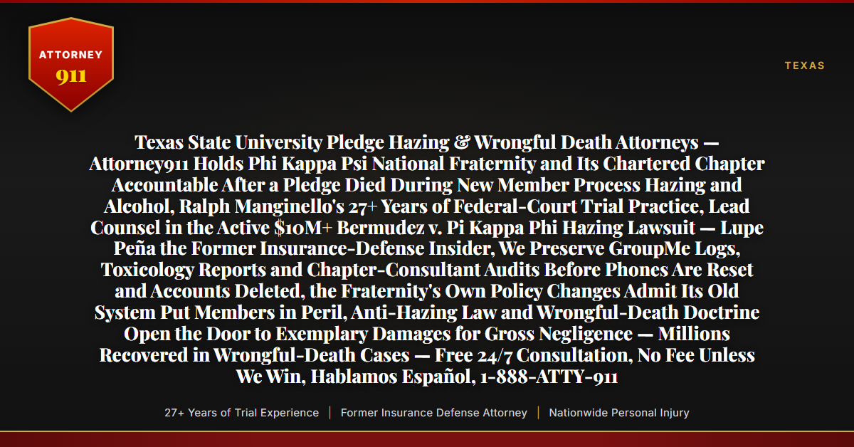 Texas State University Pledge Hazing & Wrongful Death Attorneys — Attorney911 Holds Phi Kappa Psi National Fraternity and Its Chartered Chapter Accountable After a Pledge Died During New Member Process Hazing and Alcohol, Ralph Manginello's 27+ Years of Federal-Court Trial Practice, Lead Counsel in the Active $10M+ Bermudez v. Pi Kappa Phi Hazing Lawsuit — Lupe Peña the Former Insurance-Defense Insider, We Preserve GroupMe Logs, Toxicology Reports and Chapter-Consultant Audits Before Phones Are Reset and Accounts Deleted, the Fraternity's Own Policy Changes Admit Its Old System Put Members in Peril, Anti-Hazing Law and Wrongful-Death Doctrine Open the Door to Exemplary Damages for Gross Negligence — Millions Recovered in Wrongful-Death Cases — Free 24/7 Consultation, No Fee Unless We Win, Hablamos Español, 1-888-ATTY-911 - Attorney911