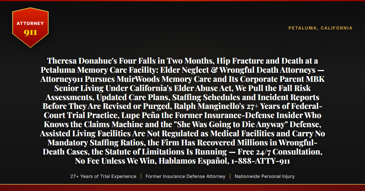 Theresa Donahue's Four Falls in Two Months, Hip Fracture and Death at a Petaluma Memory Care Facility: Elder Neglect & Wrongful Death Attorneys — Attorney911 Pursues MuirWoods Memory Care and Its Corporate Parent MBK Senior Living Under California's Elder Abuse Act, We Pull the Fall Risk Assessments, Updated Care Plans, Staffing Schedules and Incident Reports Before They Are Revised or Purged, Ralph Manginello's 27+ Years of Federal-Court Trial Practice, Lupe Peña the Former Insurance-Defense Insider Who Knows the Claims Machine and the 