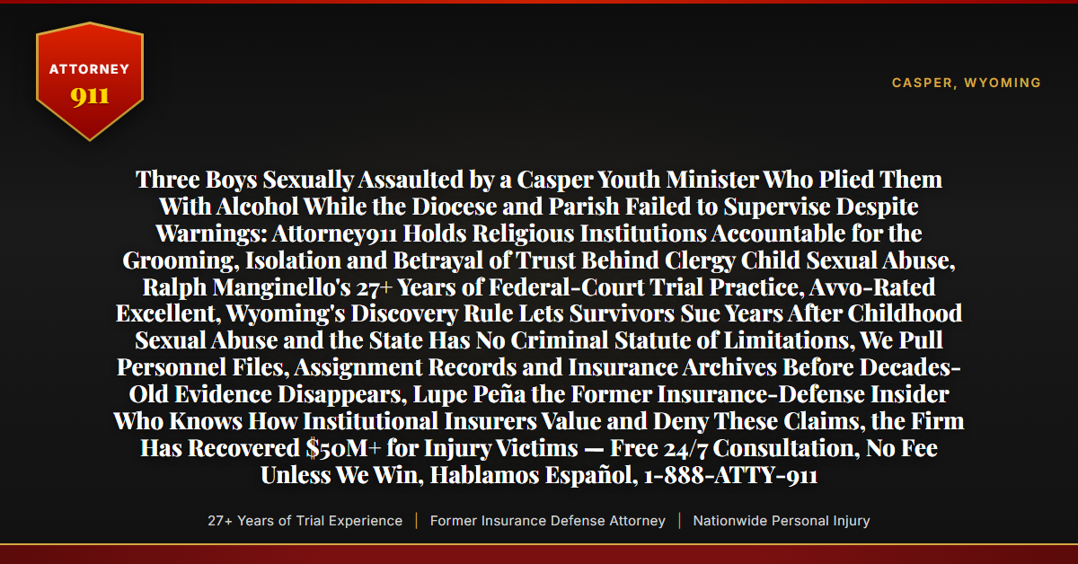 Three Boys Sexually Assaulted by a Casper Youth Minister Who Plied Them With Alcohol While the Diocese and Parish Failed to Supervise Despite Warnings: Attorney911 Holds Religious Institutions Accountable for the Grooming, Isolation and Betrayal of Trust Behind Clergy Child Sexual Abuse, Ralph Manginello's 27+ Years of Federal-Court Trial Practice, Avvo-Rated Excellent, Wyoming's Discovery Rule Lets Survivors Sue Years After Childhood Sexual Abuse and the State Has No Criminal Statute of Limitations, We Pull Personnel Files, Assignment Records and Insurance Archives Before Decades-Old Evidence Disappears, Lupe Peña the Former Insurance-Defense Insider Who Knows How Institutional Insurers Value and Deny These Claims, the Firm Has Recovered $50M+ for Injury Victims — Free 24/7 Consultation, No Fee Unless We Win, Hablamos Español, 1-888-ATTY-911 - Attorney911
