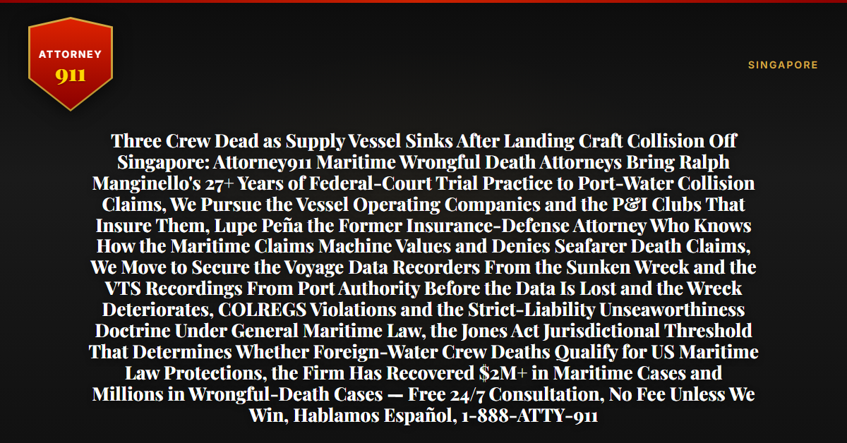 Three Crew Dead as Supply Vessel Sinks After Landing Craft Collision Off Singapore: Attorney911 Maritime Wrongful Death Attorneys Bring Ralph Manginello's 27+ Years of Federal-Court Trial Practice to Port-Water Collision Claims, We Pursue the Vessel Operating Companies and the P&I Clubs That Insure Them, Lupe Peña the Former Insurance-Defense Attorney Who Knows How the Maritime Claims Machine Values and Denies Seafarer Death Claims, We Move to Secure the Voyage Data Recorders From the Sunken Wreck and the VTS Recordings From Port Authority Before the Data Is Lost and the Wreck Deteriorates, COLREGS Violations and the Strict-Liability Unseaworthiness Doctrine Under General Maritime Law, the Jones Act Jurisdictional Threshold That Determines Whether Foreign-Water Crew Deaths Qualify for US Maritime Law Protections, the Firm Has Recovered $2M+ in Maritime Cases and Millions in Wrongful-Death Cases — Free 24/7 Consultation, No Fee Unless We Win, Hablamos Español, 1-888-ATTY-911 - Attorney911