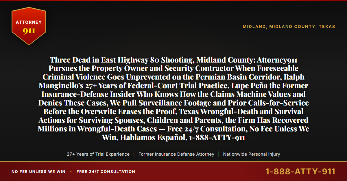 Three Dead in East Highway 80 Shooting, Midland County: Attorney911 Pursues the Property Owner and Security Contractor When Foreseeable Criminal Violence Goes Unprevented on the Permian Basin Corridor, Ralph Manginello's 27+ Years of Federal-Court Trial Practice, Lupe Peña the Former Insurance-Defense Insider Who Knows How the Claims Machine Values and Denies These Cases, We Pull Surveillance Footage and Prior Calls-for-Service Before the Overwrite Erases the Proof, Texas Wrongful-Death and Survival Actions for Surviving Spouses, Children and Parents, the Firm Has Recovered Millions in Wrongful-Death Cases — Free 24/7 Consultation, No Fee Unless We Win, Hablamos Español, 1-888-ATTY-911 - Attorney911