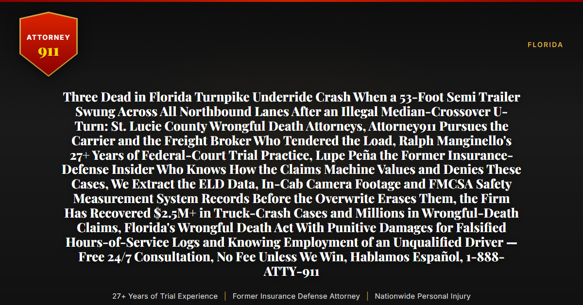 Three Dead in Florida Turnpike Underride Crash When a 53-Foot Semi Trailer Swung Across All Northbound Lanes After an Illegal Median-Crossover U-Turn: St. Lucie County Wrongful Death Attorneys, Attorney911 Pursues the Carrier and the Freight Broker Who Tendered the Load, Ralph Manginello's 27+ Years of Federal-Court Trial Practice, Lupe Peña the Former Insurance-Defense Insider Who Knows How the Claims Machine Values and Denies These Cases, We Extract the ELD Data, In-Cab Camera Footage and FMCSA Safety Measurement System Records Before the Overwrite Erases Them, the Firm Has Recovered $2.5M+ in Truck-Crash Cases and Millions in Wrongful-Death Claims, Florida's Wrongful Death Act With Punitive Damages for Falsified Hours-of-Service Logs and Knowing Employment of an Unqualified Driver — Free 24/7 Consultation, No Fee Unless We Win, Hablamos Español, 1-888-ATTY-911 - Attorney911