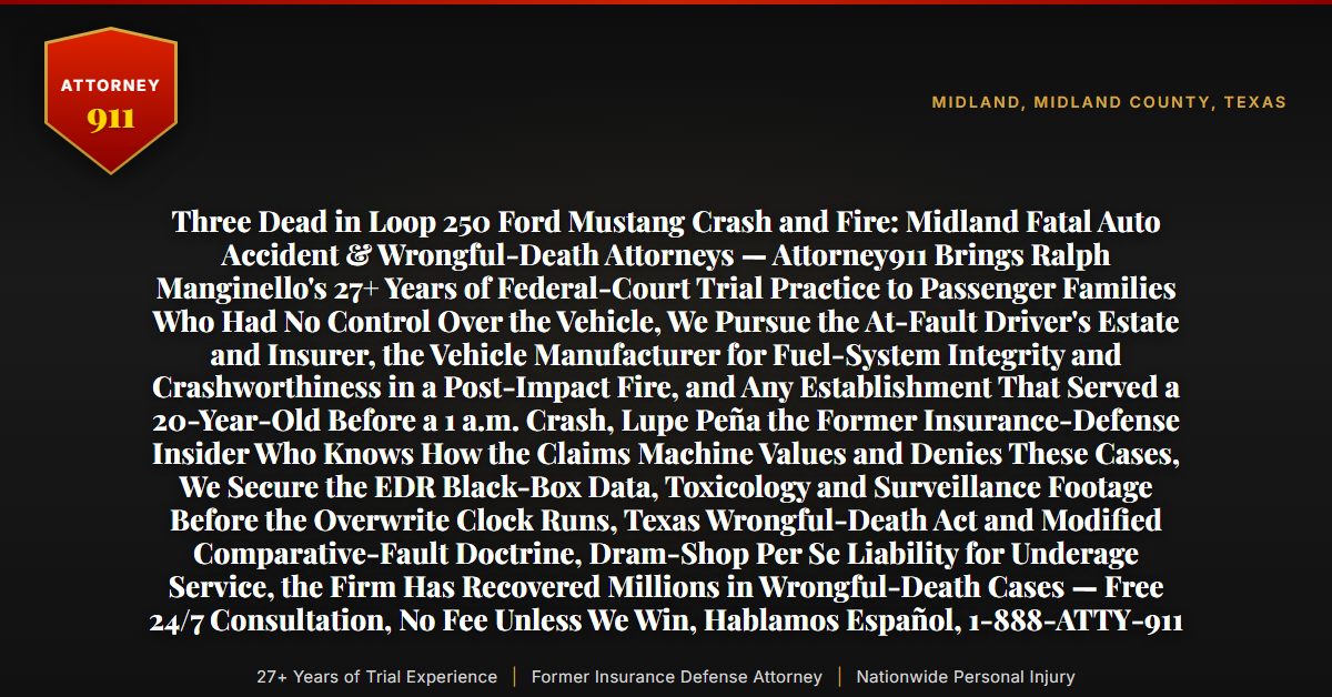Three Dead in Loop 250 Ford Mustang Crash and Fire: Midland Fatal Auto Accident & Wrongful-Death Attorneys — Attorney911 Brings Ralph Manginello's 27+ Years of Federal-Court Trial Practice to Passenger Families Who Had No Control Over the Vehicle, We Pursue the At-Fault Driver's Estate and Insurer, the Vehicle Manufacturer for Fuel-System Integrity and Crashworthiness in a Post-Impact Fire, and Any Establishment That Served a 20-Year-Old Before a 1 a.m. Crash, Lupe Peña the Former Insurance-Defense Insider Who Knows How the Claims Machine Values and Denies These Cases, We Secure the EDR Black-Box Data, Toxicology and Surveillance Footage Before the Overwrite Clock Runs, Texas Wrongful-Death Act and Modified Comparative-Fault Doctrine, Dram-Shop Per Se Liability for Underage Service, the Firm Has Recovered Millions in Wrongful-Death Cases — Free 24/7 Consultation, No Fee Unless We Win, Hablamos Español, 1-888-ATTY-911 - Attorney911