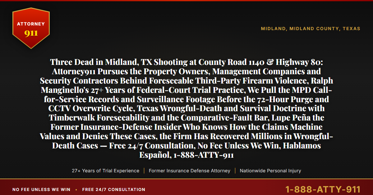 Three Dead in Midland, TX Shooting at County Road 1140 & Highway 80: Attorney911 Pursues the Property Owners, Management Companies and Security Contractors Behind Foreseeable Third-Party Firearm Violence, Ralph Manginello's 27+ Years of Federal-Court Trial Practice, We Pull the MPD Call-for-Service Records and Surveillance Footage Before the 72-Hour Purge and CCTV Overwrite Cycle, Texas Wrongful-Death and Survival Doctrine with Timberwalk Foreseeability and the Comparative-Fault Bar, Lupe Peña the Former Insurance-Defense Insider Who Knows How the Claims Machine Values and Denies These Cases, the Firm Has Recovered Millions in Wrongful-Death Cases — Free 24/7 Consultation, No Fee Unless We Win, Hablamos Español, 1-888-ATTY-911 - Attorney911