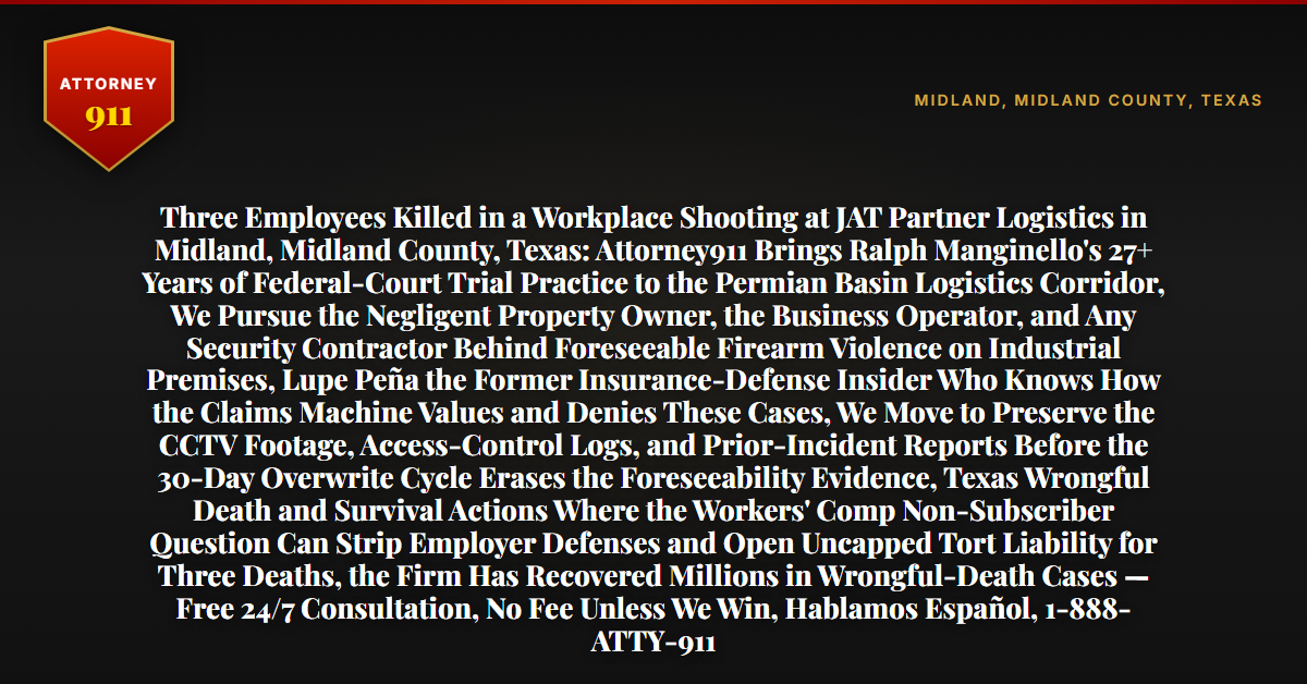 Three Employees Killed in a Workplace Shooting at JAT Partner Logistics in Midland, Midland County, Texas: Attorney911 Brings Ralph Manginello's 27+ Years of Federal-Court Trial Practice to the Permian Basin Logistics Corridor, We Pursue the Negligent Property Owner, the Business Operator, and Any Security Contractor Behind Foreseeable Firearm Violence on Industrial Premises, Lupe Peña the Former Insurance-Defense Insider Who Knows How the Claims Machine Values and Denies These Cases, We Move to Preserve the CCTV Footage, Access-Control Logs, and Prior-Incident Reports Before the 30-Day Overwrite Cycle Erases the Foreseeability Evidence, Texas Wrongful Death and Survival Actions Where the Workers' Comp Non-Subscriber Question Can Strip Employer Defenses and Open Uncapped Tort Liability for Three Deaths, the Firm Has Recovered Millions in Wrongful-Death Cases — Free 24/7 Consultation, No Fee Unless We Win, Hablamos Español, 1-888-ATTY-911 - Attorney911