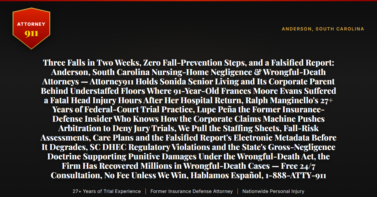 Three Falls in Two Weeks, Zero Fall-Prevention Steps, and a Falsified Report: Anderson, South Carolina Nursing-Home Negligence & Wrongful-Death Attorneys — Attorney911 Holds Sonida Senior Living and Its Corporate Parent Behind Understaffed Floors Where 91-Year-Old Frances Moore Evans Suffered a Fatal Head Injury Hours After Her Hospital Return, Ralph Manginello's 27+ Years of Federal-Court Trial Practice, Lupe Peña the Former Insurance-Defense Insider Who Knows How the Corporate Claims Machine Pushes Arbitration to Deny Jury Trials, We Pull the Staffing Sheets, Fall-Risk Assessments, Care Plans and the Falsified Report's Electronic Metadata Before It Degrades, SC DHEC Regulatory Violations and the State's Gross-Negligence Doctrine Supporting Punitive Damages Under the Wrongful-Death Act, the Firm Has Recovered Millions in Wrongful-Death Cases — Free 24/7 Consultation, No Fee Unless We Win, Hablamos Español, 1-888-ATTY-911 - Attorney911
