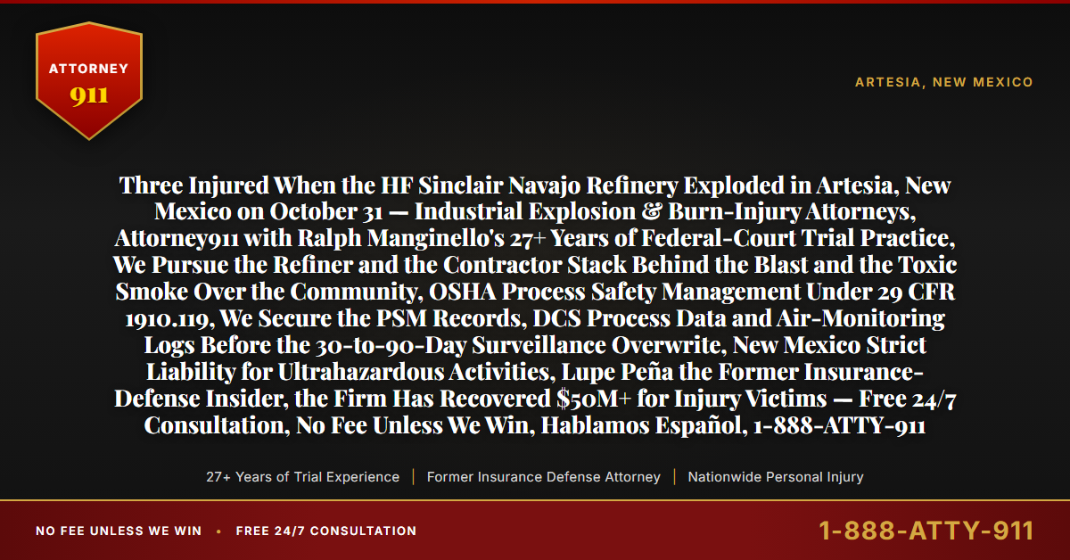 Three Injured When the HF Sinclair Navajo Refinery Exploded in Artesia, New Mexico on October 31 — Industrial Explosion & Burn-Injury Attorneys, Attorney911 with Ralph Manginello's 27+ Years of Federal-Court Trial Practice, We Pursue the Refiner and the Contractor Stack Behind the Blast and the Toxic Smoke Over the Community, OSHA Process Safety Management Under 29 CFR 1910.119, We Secure the PSM Records, DCS Process Data and Air-Monitoring Logs Before the 30-to-90-Day Surveillance Overwrite, New Mexico Strict Liability for Ultrahazardous Activities, Lupe Peña the Former Insurance-Defense Insider, the Firm Has Recovered $50M+ for Injury Victims — Free 24/7 Consultation, No Fee Unless We Win, Hablamos Español, 1-888-ATTY-911 - Attorney911