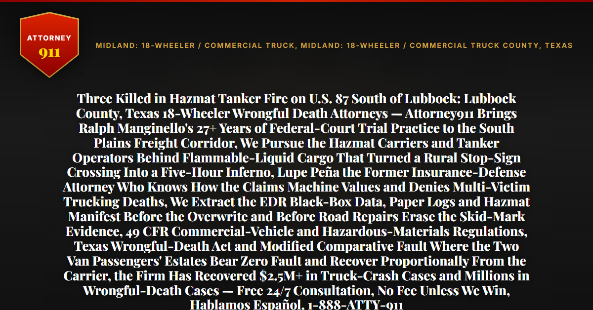 Three Killed in Hazmat Tanker Fire on U.S. 87 South of Lubbock: Lubbock County, Texas 18-Wheeler Wrongful Death Attorneys — Attorney911 Brings Ralph Manginello's 27+ Years of Federal-Court Trial Practice to the South Plains Freight Corridor, We Pursue the Hazmat Carriers and Tanker Operators Behind Flammable-Liquid Cargo That Turned a Rural Stop-Sign Crossing Into a Five-Hour Inferno, Lupe Peña the Former Insurance-Defense Attorney Who Knows How the Claims Machine Values and Denies Multi-Victim Trucking Deaths, We Extract the EDR Black-Box Data, Paper Logs and Hazmat Manifest Before the Overwrite and Before Road Repairs Erase the Skid-Mark Evidence, 49 CFR Commercial-Vehicle and Hazardous-Materials Regulations, Texas Wrongful-Death Act and Modified Comparative Fault Where the Two Van Passengers' Estates Bear Zero Fault and Recover Proportionally From the Carrier, the Firm Has Recovered $2.5M+ in Truck-Crash Cases and Millions in Wrongful-Death Cases — Free 24/7 Consultation, No Fee Unless We Win, Hablamos Español, 1-888-ATTY-911 - Attorney911