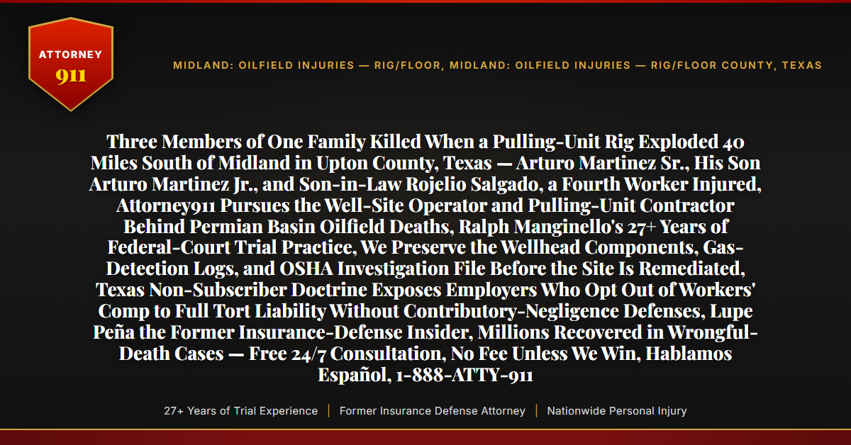 Three Members of One Family Killed When a Pulling-Unit Rig Exploded 40 Miles South of Midland in Upton County, Texas — Arturo Martinez Sr., His Son Arturo Martinez Jr., and Son-in-Law Rojelio Salgado, a Fourth Worker Injured, Attorney911 Pursues the Well-Site Operator and Pulling-Unit Contractor Behind Permian Basin Oilfield Deaths, Ralph Manginello's 27+ Years of Federal-Court Trial Practice, We Preserve the Wellhead Components, Gas-Detection Logs, and OSHA Investigation File Before the Site Is Remediated, Texas Non-Subscriber Doctrine Exposes Employers Who Opt Out of Workers' Comp to Full Tort Liability Without Contributory-Negligence Defenses, Lupe Peña the Former Insurance-Defense Insider, Millions Recovered in Wrongful-Death Cases — Free 24/7 Consultation, No Fee Unless We Win, Hablamos Español, 1-888-ATTY-911 - Attorney911