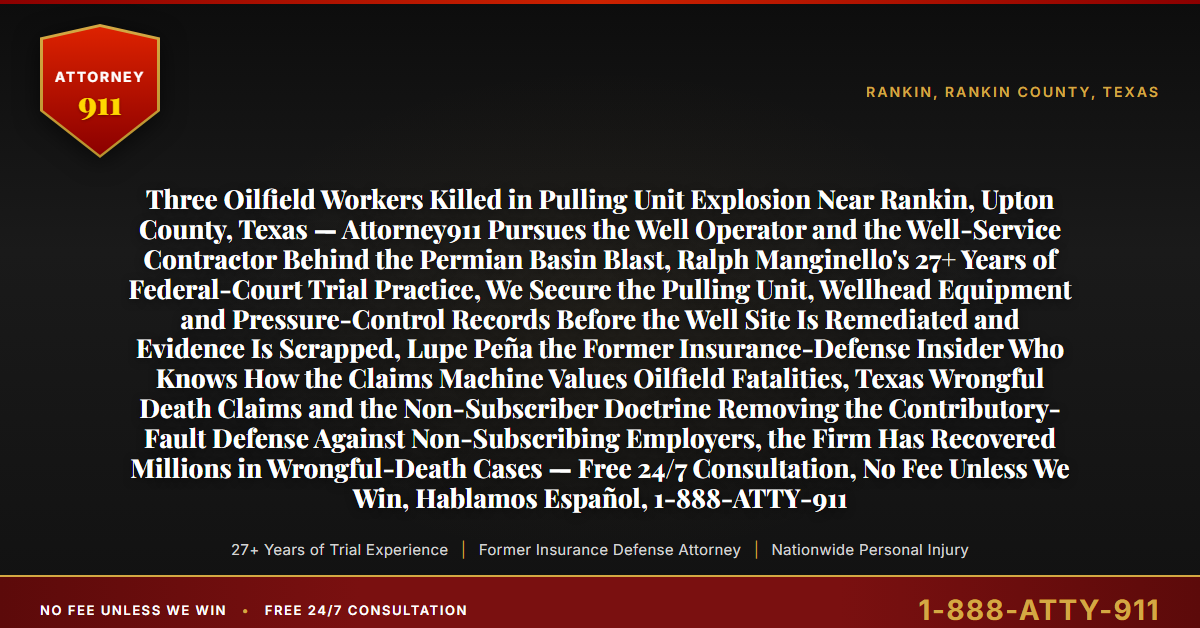 Three Oilfield Workers Killed in Pulling Unit Explosion Near Rankin, Upton County, Texas — Attorney911 Pursues the Well Operator and the Well-Service Contractor Behind the Permian Basin Blast, Ralph Manginello's 27+ Years of Federal-Court Trial Practice, We Secure the Pulling Unit, Wellhead Equipment and Pressure-Control Records Before the Well Site Is Remediated and Evidence Is Scrapped, Lupe Peña the Former Insurance-Defense Insider Who Knows How the Claims Machine Values Oilfield Fatalities, Texas Wrongful Death Claims and the Non-Subscriber Doctrine Removing the Contributory-Fault Defense Against Non-Subscribing Employers, the Firm Has Recovered Millions in Wrongful-Death Cases — Free 24/7 Consultation, No Fee Unless We Win, Hablamos Español, 1-888-ATTY-911 - Attorney911