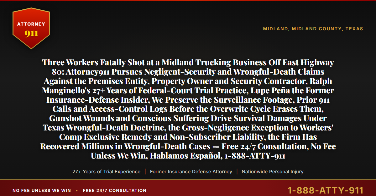 Three Workers Fatally Shot at a Midland Trucking Business Off East Highway 80: Attorney911 Pursues Negligent-Security and Wrongful-Death Claims Against the Premises Entity, Property Owner and Security Contractor, Ralph Manginello's 27+ Years of Federal-Court Trial Practice, Lupe Peña the Former Insurance-Defense Insider, We Preserve the Surveillance Footage, Prior 911 Calls and Access-Control Logs Before the Overwrite Cycle Erases Them, Gunshot Wounds and Conscious Suffering Drive Survival Damages Under Texas Wrongful-Death Doctrine, the Gross-Negligence Exception to Workers' Comp Exclusive Remedy and Non-Subscriber Liability, the Firm Has Recovered Millions in Wrongful-Death Cases — Free 24/7 Consultation, No Fee Unless We Win, Hablamos Español, 1-888-ATTY-911 - Attorney911