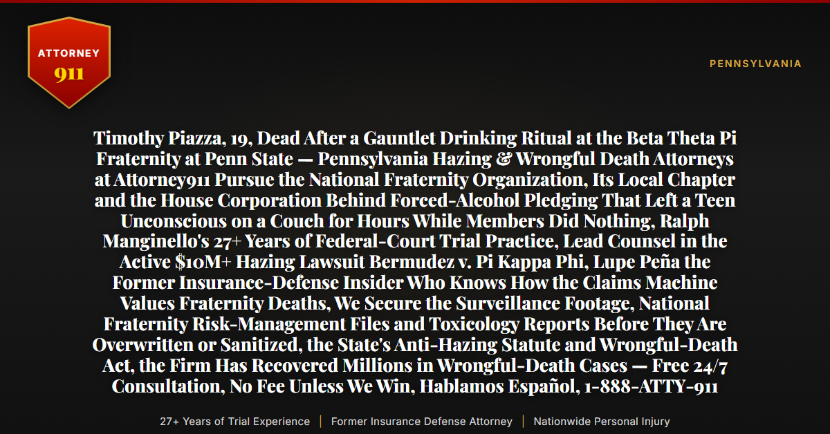 Timothy Piazza, 19, Dead After a Gauntlet Drinking Ritual at the Beta Theta Pi Fraternity at Penn State — Pennsylvania Hazing & Wrongful Death Attorneys at Attorney911 Pursue the National Fraternity Organization, Its Local Chapter and the House Corporation Behind Forced-Alcohol Pledging That Left a Teen Unconscious on a Couch for Hours While Members Did Nothing, Ralph Manginello's 27+ Years of Federal-Court Trial Practice, Lead Counsel in the Active $10M+ Hazing Lawsuit Bermudez v. Pi Kappa Phi, Lupe Peña the Former Insurance-Defense Insider Who Knows How the Claims Machine Values Fraternity Deaths, We Secure the Surveillance Footage, National Fraternity Risk-Management Files and Toxicology Reports Before They Are Overwritten or Sanitized, the State's Anti-Hazing Statute and Wrongful-Death Act, the Firm Has Recovered Millions in Wrongful-Death Cases — Free 24/7 Consultation, No Fee Unless We Win, Hablamos Español, 1-888-ATTY-911 - Attorney911