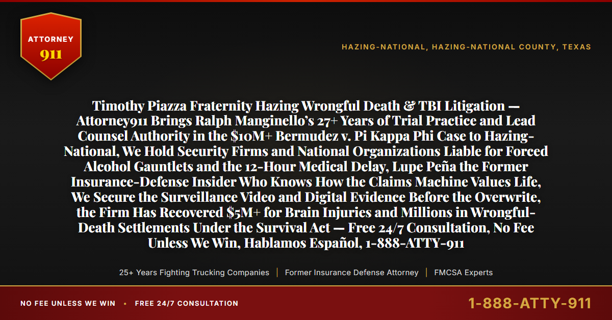 Timothy Piazza Fraternity Hazing Wrongful Death & TBI Litigation — Attorney911 Brings Ralph Manginello’s 27+ Years of Trial Practice and Lead Counsel Authority in the $10M+ Bermudez v. Pi Kappa Phi Case to Hazing-National, We Hold Security Firms and National Organizations Liable for Forced Alcohol Gauntlets and the 12-Hour Medical Delay, Lupe Peña the Former Insurance-Defense Insider Who Knows How the Claims Machine Values Life, We Secure the Surveillance Video and Digital Evidence Before the Overwrite, the Firm Has Recovered $5M+ for Brain Injuries and Millions in Wrongful-Death Settlements Under the Survival Act — Free 24/7 Consultation, No Fee Unless We Win, Hablamos Español, 1-888-ATTY-911 - Attorney911