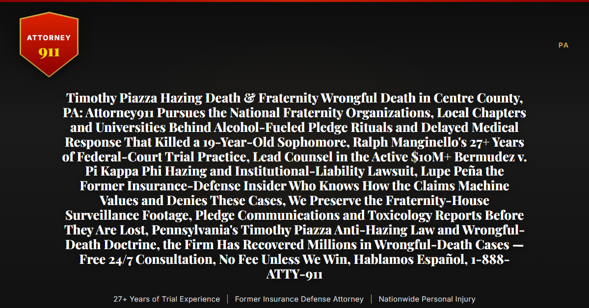 Timothy Piazza Hazing Death & Fraternity Wrongful Death in Centre County, PA: Attorney911 Pursues the National Fraternity Organizations, Local Chapters and Universities Behind Alcohol-Fueled Pledge Rituals and Delayed Medical Response That Killed a 19-Year-Old Sophomore, Ralph Manginello's 27+ Years of Federal-Court Trial Practice, Lead Counsel in the Active $10M+ Bermudez v. Pi Kappa Phi Hazing and Institutional-Liability Lawsuit, Lupe Peña the Former Insurance-Defense Insider Who Knows How the Claims Machine Values and Denies These Cases, We Preserve the Fraternity-House Surveillance Footage, Pledge Communications and Toxicology Reports Before They Are Lost, Pennsylvania's Timothy Piazza Anti-Hazing Law and Wrongful-Death Doctrine, the Firm Has Recovered Millions in Wrongful-Death Cases — Free 24/7 Consultation, No Fee Unless We Win, Hablamos Español, 1-888-ATTY-911 - Attorney911