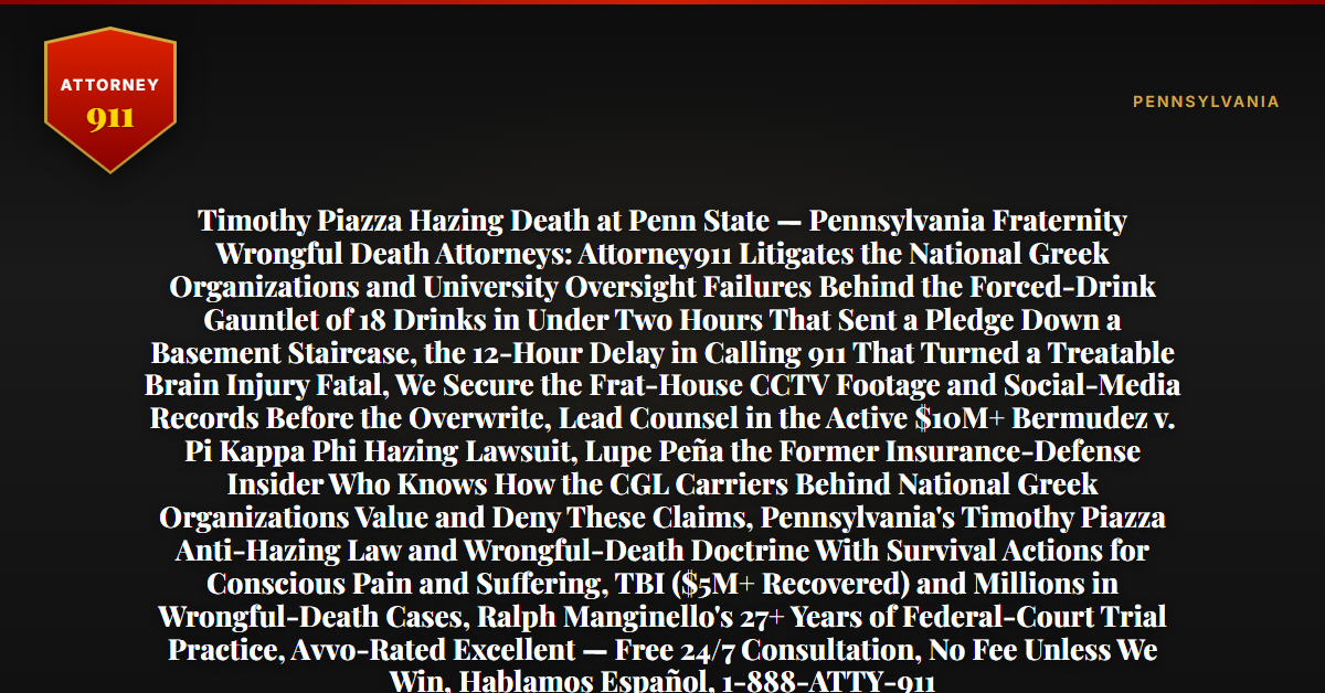 Timothy Piazza Hazing Death at Penn State — Pennsylvania Fraternity Wrongful Death Attorneys: Attorney911 Litigates the National Greek Organizations and University Oversight Failures Behind the Forced-Drink Gauntlet of 18 Drinks in Under Two Hours That Sent a Pledge Down a Basement Staircase, the 12-Hour Delay in Calling 911 That Turned a Treatable Brain Injury Fatal, We Secure the Frat-House CCTV Footage and Social-Media Records Before the Overwrite, Lead Counsel in the Active $10M+ Bermudez v. Pi Kappa Phi Hazing Lawsuit, Lupe Peña the Former Insurance-Defense Insider Who Knows How the CGL Carriers Behind National Greek Organizations Value and Deny These Claims, Pennsylvania's Timothy Piazza Anti-Hazing Law and Wrongful-Death Doctrine With Survival Actions for Conscious Pain and Suffering, TBI ($5M+ Recovered) and Millions in Wrongful-Death Cases, Ralph Manginello's 27+ Years of Federal-Court Trial Practice, Avvo-Rated Excellent — Free 24/7 Consultation, No Fee Unless We Win, Hablamos Español, 1-888-ATTY-911 - Attorney911