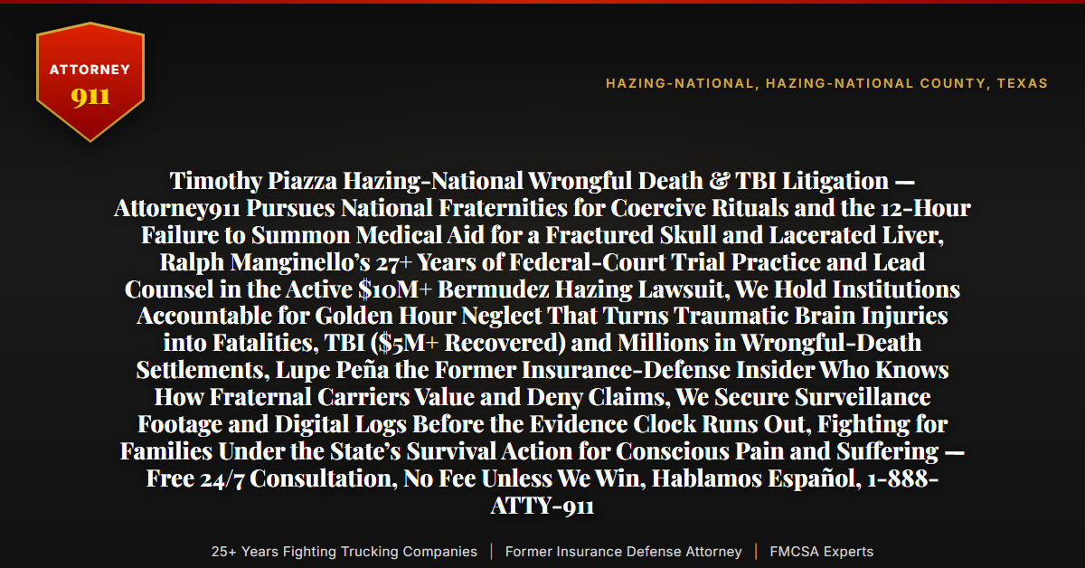 Timothy Piazza Hazing-National Wrongful Death & TBI Litigation — Attorney911 Pursues National Fraternities for Coercive Rituals and the 12-Hour Failure to Summon Medical Aid for a Fractured Skull and Lacerated Liver, Ralph Manginello’s 27+ Years of Federal-Court Trial Practice and Lead Counsel in the Active $10M+ Bermudez Hazing Lawsuit, We Hold Institutions Accountable for Golden Hour Neglect That Turns Traumatic Brain Injuries into Fatalities, TBI ($5M+ Recovered) and Millions in Wrongful-Death Settlements, Lupe Peña the Former Insurance-Defense Insider Who Knows How Fraternal Carriers Value and Deny Claims, We Secure Surveillance Footage and Digital Logs Before the Evidence Clock Runs Out, Fighting for Families Under the State’s Survival Action for Conscious Pain and Suffering — Free 24/7 Consultation, No Fee Unless We Win, Hablamos Español, 1-888-ATTY-911 - Attorney911