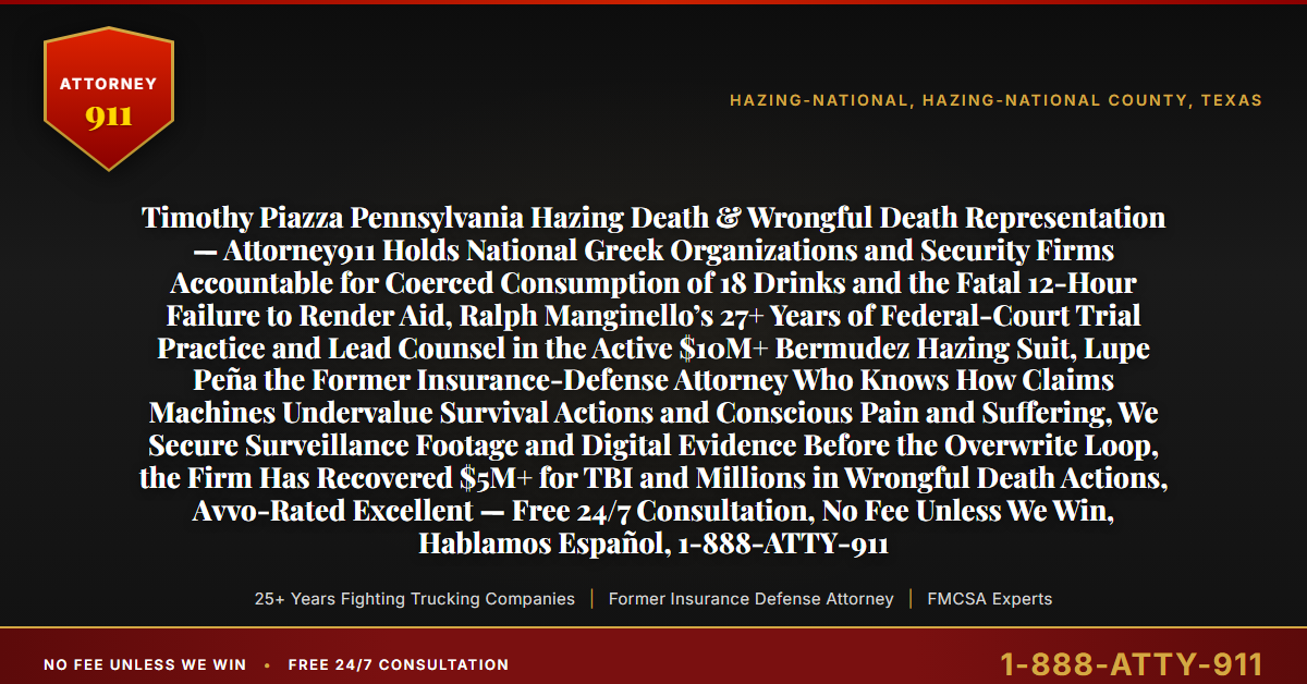 Timothy Piazza Pennsylvania Hazing Death & Wrongful Death Representation — Attorney911 Holds National Greek Organizations and Security Firms Accountable for Coerced Consumption of 18 Drinks and the Fatal 12-Hour Failure to Render Aid, Ralph Manginello’s 27+ Years of Federal-Court Trial Practice and Lead Counsel in the Active $10M+ Bermudez Hazing Suit, Lupe Peña the Former Insurance-Defense Attorney Who Knows How Claims Machines Undervalue Survival Actions and Conscious Pain and Suffering, We Secure Surveillance Footage and Digital Evidence Before the Overwrite Loop, the Firm Has Recovered $5M+ for TBI and Millions in Wrongful Death Actions, Avvo-Rated Excellent — Free 24/7 Consultation, No Fee Unless We Win, Hablamos Español, 1-888-ATTY-911 - Attorney911