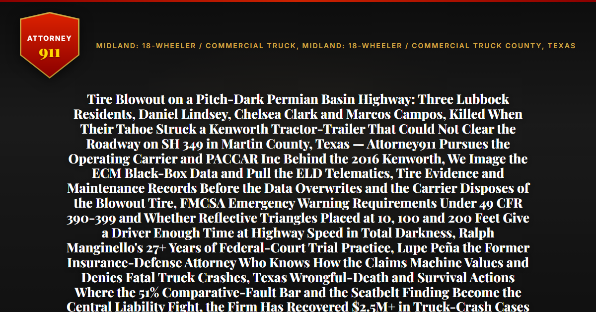 Tire Blowout on a Pitch-Dark Permian Basin Highway: Three Lubbock Residents, Daniel Lindsey, Chelsea Clark and Marcos Campos, Killed When Their Tahoe Struck a Kenworth Tractor-Trailer That Could Not Clear the Roadway on SH 349 in Martin County, Texas — Attorney911 Pursues the Operating Carrier and PACCAR Inc Behind the 2016 Kenworth, We Image the ECM Black-Box Data and Pull the ELD Telematics, Tire Evidence and Maintenance Records Before the Data Overwrites and the Carrier Disposes of the Blowout Tire, FMCSA Emergency Warning Requirements Under 49 CFR 390-399 and Whether Reflective Triangles Placed at 10, 100 and 200 Feet Give a Driver Enough Time at Highway Speed in Total Darkness, Ralph Manginello's 27+ Years of Federal-Court Trial Practice, Lupe Peña the Former Insurance-Defense Attorney Who Knows How the Claims Machine Values and Denies Fatal Truck Crashes, Texas Wrongful-Death and Survival Actions Where the 51% Comparative-Fault Bar and the Seatbelt Finding Become the Central Liability Fight, the Firm Has Recovered $2.5M+ in Truck-Crash Cases and Millions in Wrongful-Death Cases — Free 24/7 Consultation, No Fee Unless We Win, Hablamos Español, 1-888-ATTY-911 - Attorney911
