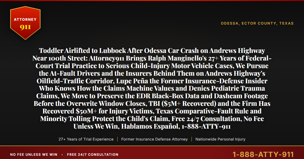 Toddler Airlifted to Lubbock After Odessa Car Crash on Andrews Highway Near 100th Street: Attorney911 Brings Ralph Manginello's 27+ Years of Federal-Court Trial Practice to Serious Child-Injury Motor Vehicle Cases, We Pursue the At-Fault Drivers and the Insurers Behind Them on Andrews Highway's Oilfield-Traffic Corridor, Lupe Peña the Former Insurance-Defense Insider Who Knows How the Claims Machine Values and Denies Pediatric Trauma Claims, We Move to Preserve the EDR Black-Box Data and Dashcam Footage Before the Overwrite Window Closes, TBI ($5M+ Recovered) and the Firm Has Recovered $50M+ for Injury Victims, Texas Comparative-Fault Rule and Minority Tolling Protect the Child's Claim, Free 24/7 Consultation, No Fee Unless We Win, Hablamos Español, 1-888-ATTY-911 - Attorney911