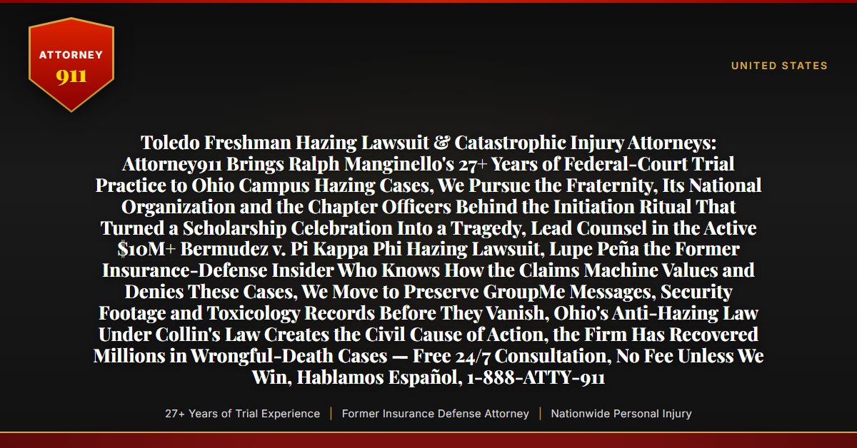 Toledo Freshman Hazing Lawsuit & Catastrophic Injury Attorneys: Attorney911 Brings Ralph Manginello's 27+ Years of Federal-Court Trial Practice to Ohio Campus Hazing Cases, We Pursue the Fraternity, Its National Organization and the Chapter Officers Behind the Initiation Ritual That Turned a Scholarship Celebration Into a Tragedy, Lead Counsel in the Active $10M+ Bermudez v. Pi Kappa Phi Hazing Lawsuit, Lupe Peña the Former Insurance-Defense Insider Who Knows How the Claims Machine Values and Denies These Cases, We Move to Preserve GroupMe Messages, Security Footage and Toxicology Records Before They Vanish, Ohio's Anti-Hazing Law Under Collin's Law Creates the Civil Cause of Action, the Firm Has Recovered Millions in Wrongful-Death Cases — Free 24/7 Consultation, No Fee Unless We Win, Hablamos Español, 1-888-ATTY-911 - Attorney911