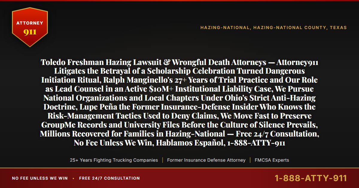 Toledo Freshman Hazing Lawsuit & Wrongful Death Attorneys — Attorney911 Litigates the Betrayal of a Scholarship Celebration Turned Dangerous Initiation Ritual, Ralph Manginello's 27+ Years of Trial Practice and Our Role as Lead Counsel in an Active $10M+ Institutional Liability Case, We Pursue National Organizations and Local Chapters Under Ohio's Strict Anti-Hazing Doctrine, Lupe Peña the Former Insurance-Defense Insider Who Knows the Risk-Management Tactics Used to Deny Claims, We Move Fast to Preserve GroupMe Records and University Files Before the Culture of Silence Prevails, Millions Recovered for Families in Hazing-National — Free 24/7 Consultation, No Fee Unless We Win, Hablamos Español, 1-888-ATTY-911 - Attorney911