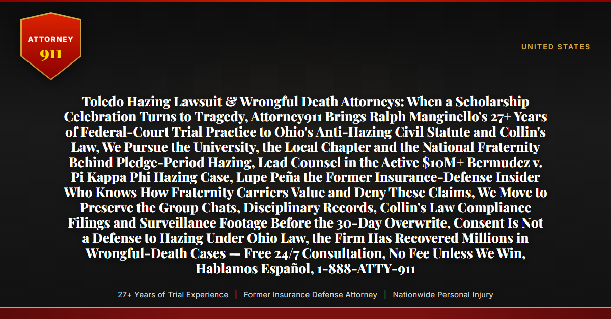Toledo Hazing Lawsuit & Wrongful Death Attorneys: When a Scholarship Celebration Turns to Tragedy, Attorney911 Brings Ralph Manginello's 27+ Years of Federal-Court Trial Practice to Ohio's Anti-Hazing Civil Statute and Collin's Law, We Pursue the University, the Local Chapter and the National Fraternity Behind Pledge-Period Hazing, Lead Counsel in the Active $10M+ Bermudez v. Pi Kappa Phi Hazing Case, Lupe Peña the Former Insurance-Defense Insider Who Knows How Fraternity Carriers Value and Deny These Claims, We Move to Preserve the Group Chats, Disciplinary Records, Collin's Law Compliance Filings and Surveillance Footage Before the 30-Day Overwrite, Consent Is Not a Defense to Hazing Under Ohio Law, the Firm Has Recovered Millions in Wrongful-Death Cases — Free 24/7 Consultation, No Fee Unless We Win, Hablamos Español, 1-888-ATTY-911 - Attorney911