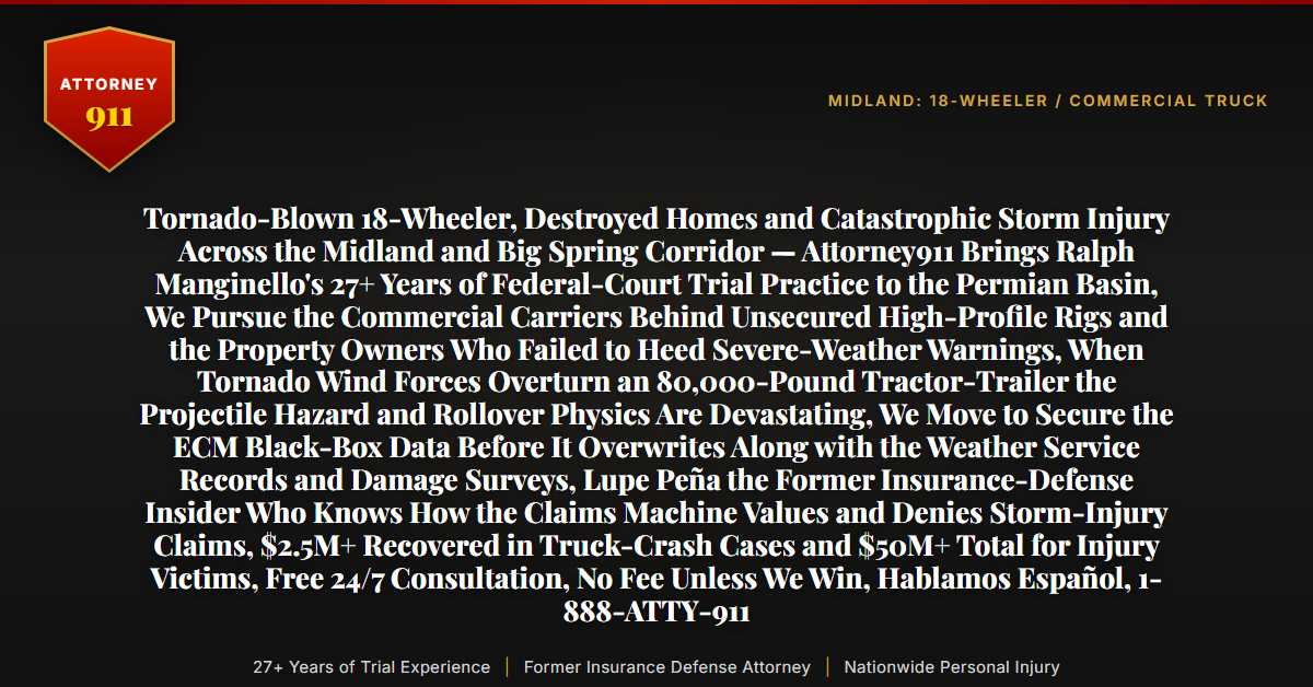 Tornado-Blown 18-Wheeler, Destroyed Homes and Catastrophic Storm Injury Across the Midland and Big Spring Corridor — Attorney911 Brings Ralph Manginello's 27+ Years of Federal-Court Trial Practice to the Permian Basin, We Pursue the Commercial Carriers Behind Unsecured High-Profile Rigs and the Property Owners Who Failed to Heed Severe-Weather Warnings, When Tornado Wind Forces Overturn an 80,000-Pound Tractor-Trailer the Projectile Hazard and Rollover Physics Are Devastating, We Move to Secure the ECM Black-Box Data Before It Overwrites Along with the Weather Service Records and Damage Surveys, Lupe Peña the Former Insurance-Defense Insider Who Knows How the Claims Machine Values and Denies Storm-Injury Claims, $2.5M+ Recovered in Truck-Crash Cases and $50M+ Total for Injury Victims, Free 24/7 Consultation, No Fee Unless We Win, Hablamos Español, 1-888-ATTY-911 - Attorney911