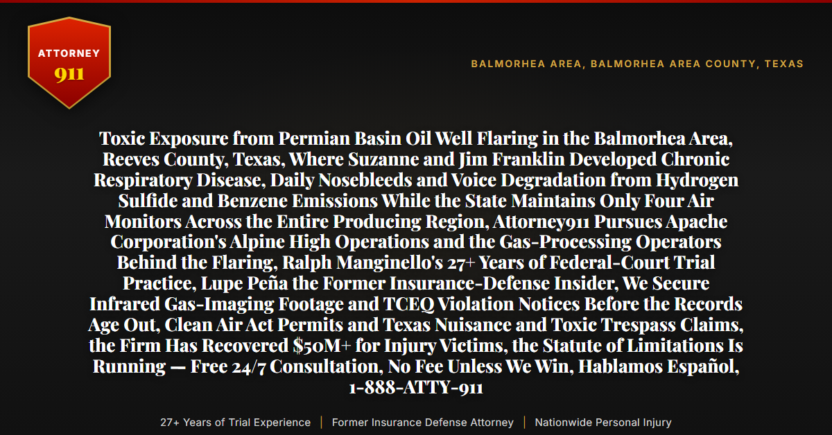 Toxic Exposure from Permian Basin Oil Well Flaring in the Balmorhea Area, Reeves County, Texas, Where Suzanne and Jim Franklin Developed Chronic Respiratory Disease, Daily Nosebleeds and Voice Degradation from Hydrogen Sulfide and Benzene Emissions While the State Maintains Only Four Air Monitors Across the Entire Producing Region, Attorney911 Pursues Apache Corporation's Alpine High Operations and the Gas-Processing Operators Behind the Flaring, Ralph Manginello's 27+ Years of Federal-Court Trial Practice, Lupe Peña the Former Insurance-Defense Insider, We Secure Infrared Gas-Imaging Footage and TCEQ Violation Notices Before the Records Age Out, Clean Air Act Permits and Texas Nuisance and Toxic Trespass Claims, the Firm Has Recovered $50M+ for Injury Victims, the Statute of Limitations Is Running — Free 24/7 Consultation, No Fee Unless We Win, Hablamos Español, 1-888-ATTY-911 - Attorney911