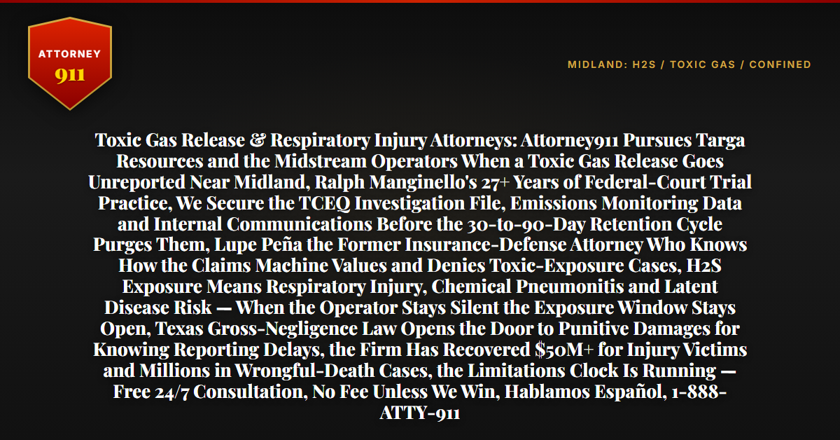 Toxic Gas Release & Respiratory Injury Attorneys: Attorney911 Pursues Targa Resources and the Midstream Operators When a Toxic Gas Release Goes Unreported Near Midland, Ralph Manginello's 27+ Years of Federal-Court Trial Practice, We Secure the TCEQ Investigation File, Emissions Monitoring Data and Internal Communications Before the 30-to-90-Day Retention Cycle Purges Them, Lupe Peña the Former Insurance-Defense Attorney Who Knows How the Claims Machine Values and Denies Toxic-Exposure Cases, H2S Exposure Means Respiratory Injury, Chemical Pneumonitis and Latent Disease Risk — When the Operator Stays Silent the Exposure Window Stays Open, Texas Gross-Negligence Law Opens the Door to Punitive Damages for Knowing Reporting Delays, the Firm Has Recovered $50M+ for Injury Victims and Millions in Wrongful-Death Cases, the Limitations Clock Is Running — Free 24/7 Consultation, No Fee Unless We Win, Hablamos Español, 1-888-ATTY-911 - Attorney911