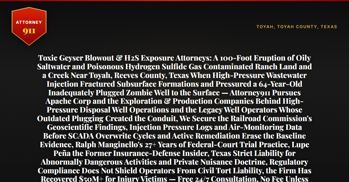 Toxic Geyser Blowout & H2S Exposure Attorneys: A 100-Foot Eruption of Oily Saltwater and Poisonous Hydrogen Sulfide Gas Contaminated Ranch Land and a Creek Near Toyah, Reeves County, Texas When High-Pressure Wastewater Injection Fractured Subsurface Formations and Pressured a 64-Year-Old Inadequately Plugged Zombie Well to the Surface — Attorney911 Pursues Apache Corp and the Exploration & Production Companies Behind High-Pressure Disposal Well Operations and the Legacy Well Operators Whose Outdated Plugging Created the Conduit, We Secure the Railroad Commission's Geoscientific Findings, Injection Pressure Logs and Air-Monitoring Data Before SCADA Overwrite Cycles and Active Remediation Erase the Baseline Evidence, Ralph Manginello's 27+ Years of Federal-Court Trial Practice, Lupe Peña the Former Insurance-Defense Insider, Texas Strict Liability for Abnormally Dangerous Activities and Private Nuisance Doctrine, Regulatory Compliance Does Not Shield Operators From Civil Tort Liability, the Firm Has Recovered $50M+ for Injury Victims — Free 24/7 Consultation, No Fee Unless We Win, Hablamos Español, 1-888-ATTY-911 - Attorney911